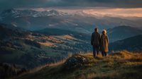 Couple standing on mountain peak overlooking alpine valley at sunset with dramatic sky and snow-capped peaks in distance for outdoor adventure and travel concepts.