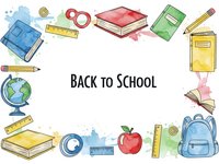 Watercolor back to school supplies frame with books, backpack, apple, globe, rulers and stationery on white background for educational designs.