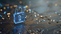 Cybersecurity padlock on circuit board with glowing connections representing digital security and data protection technology.