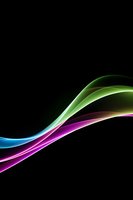 Vibrant flowing waves of blue, pink, and green light creating smooth curves against black background, glowing with ethereal luminescence and graceful movement.