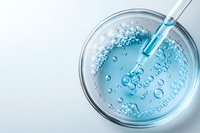Laboratory pipette dropping blue liquid into petri dish with bubbles and chemical reaction, close up view on light background for science research.