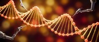 Glowing DNA double helix strand with golden orange illumination against blurred warm background, representing genetic research, biotechnology, and molecular science for medical and educational use.