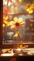 Single cosmos flower in glass jar backlit by warm sunset light, with bokeh effects and fallen petals on wooden windowsill creating cozy autumn atmosphere.