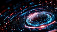 Futuristic spiral vortex with glowing blue and red particles in motion against dark background creates dynamic technological abstract composition.