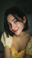 Young woman with short dark hair wearing yellow floral dress smiling softly in natural lighting, creating warm intimate portrait atmosphere.