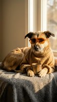 Funny dog wearing sunglasses and sweater sitting by window with coffee cup in cozy home interior for humorous pet lifestyle concepts.