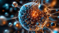 Glowing blue and orange molecular structure with network connections and spherical particles in dark background showing scientific concept of nanotechnology.