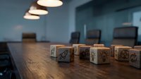 Modern conference room with wooden dice displaying business icons on table for corporate strategy meetings and team building activities.