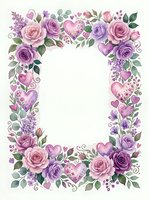 Romantic floral frame with purple roses, pink hearts and lavender flowers on white background for wedding invitations, Valentine cards and love designs.