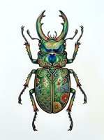 Ornate stag beetle with decorative green, gold, and blue patterned shell isolated on white background, suitable for design projects and artwork applications.