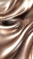 Luxurious brown silk fabric with sparkling glitter particles creating elegant waves and folds against dark background, soft flowing texture for glamorous designs.