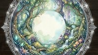 Enchanted forest circle with glowing moon, magical waterfall, mushrooms, and sparkling fairy lights in soft watercolor style.