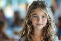 Portrait of a young Caucasian girl with long wavy blonde hair and blue eyes smiling at camera, natural beauty concept for childhood lifestyle and education projects.