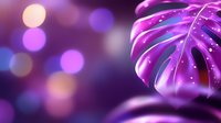 Glowing purple monstera leaf with magical sparkles and bokeh lights on dark background creates dreamy tropical atmosphere. Artistic nature photography.