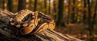 Ball python coiled on a wooden branch in natural forest setting with blurred autumn foliage background, suitable for wildlife and reptile educational content.