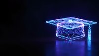 Digital graduation cap made of glowing blue particles on dark background. Futuristic education technology concept for online learning and academic achievement.