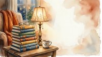 Cozy reading nook with stacked books, warm lamp, eyeglasses, coffee cup, and knitted blanket by window. Perfect for literary themes, education, relaxation, and home decor designs.