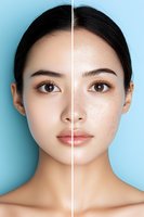 Split face portrait showing skin before and after treatment - one side smooth, other with natural freckles against blue background. Young Asian woman closeup.