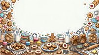 Overhead view of baked goods and pastries arranged on white background, including cookies, donuts, bread, and baking ingredients for bakery, food photography, recipe blogs, and culinary design projects.