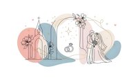 Wedding ceremony line art with bride groom church rings and floral decorations in pastel colors for romantic celebration invitations and cards.