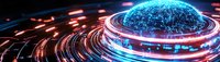 Futuristic digital sphere with glowing blue network lines surrounded by red light trails on dark background. Technology concept for cybersecurity or artificial intelligence.