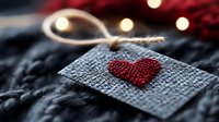 Red heart symbol on gray fabric tag with twine bow, displayed on dark textured textile with warm bokeh lights, conveying love, care, and gift-giving sentiment for holiday and romantic occasions.