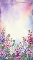 Watercolor floral card with purple, pink, and white wildflowers, gold frame, and soft pastel background with copy space.