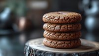Stack of fresh homemade chocolate cookies with crackled surface on rustic wooden slice against dark background, selective focus on dessert details.