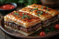 Juicy meat patty layered between golden flaky puff pastry, garnished with fresh herbs and cherry tomatoes, served on rustic wooden board with sauce.