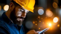 Construction worker in yellow hard hat using mobile device at night, illuminated by warm bokeh lights and sparks, showcasing modern industrial connectivity.