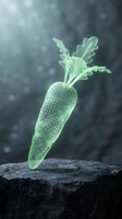 Glowing wireframe carrot with luminescent green mesh texture floating above dark stone surface against blurred background. Digital art for technology and innovation concepts.