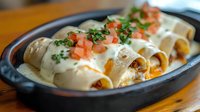 Mexican chicken enchiladas with white sauce, diced tomatoes and fresh herbs in cast iron skillet for authentic restaurant dining experience.