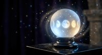 Glowing crystal ball with moon phases display on dark surface against starry night sky background for fortune telling and mystical predictions.