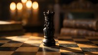 Black king chess piece standing on wooden chessboard with warm candlelight and books creating atmospheric game setting for strategic thinking and competition.