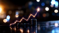 Glowing neon graph line rising over stacked coins against dark background with bokeh lights, representing financial growth and investment success.