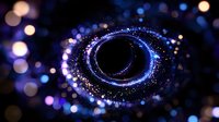 Glowing spiral of blue and purple light particles with bokeh effect creates cosmic vortex against dark background, abstract space design concept.