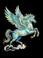 Ornate winged horse with turquoise and gold detailing, isolated on transparent background. Ready for t-shirt design, clipart, stickers, sublimation, and print-on-demand products.