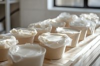 Fresh whipped cream in individual white serving cups arranged on wooden board, soft natural lighting creates delicate shadows and highlights creamy texture.