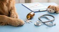Golden retriever dog paws next to veterinary medical supplies including stethoscope, pills, clipboard and toy on blue examination table.