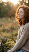 Peaceful young Caucasian woman with curly red hair enjoying golden hour sunlight outdoors in cozy knit sweater for wellness and mindfulness content.