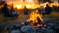 Glowing campfire with burning logs surrounded by rocks at sunset, silhouettes of friends sitting in camping chairs enjoying outdoor evening atmosphere.