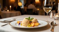 Gourmet vanilla ice cream dessert with fresh berries and mint garnish served on elegant white plate in upscale restaurant setting with wine glass and candlelight.