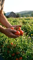 Farmer hands holding fresh ripe tomatoes in organic garden with mountains and barn in background during golden hour harvest time.