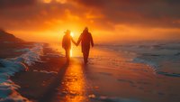 Romantic couple silhouettes holding hands walking on beach at golden sunset with dramatic orange sky and ocean waves creating peaceful moment together.