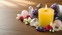 Yellow candle burning surrounded by healing crystals amethyst rose quartz and white flowers on wooden surface for meditation wellness spa relaxation.