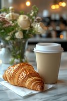 Fresh baked croissant and takeaway coffee cup on marble table with soft focus floral arrangement and warm bokeh lights creating cozy cafe atmosphere.