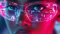 Futuristic smart glasses displaying holographic data interface on transparent lens with red and blue neon lighting effects against dark background.