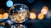 Magnifying glass reflecting illuminated cityscape with bokeh lights creating magical urban view against dark background with glowing orbs.