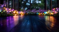 Dark wooden table surface with colorful defocused bokeh lights in background creating magical atmosphere. Reflective surface captures vibrant purple and golden glow.