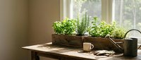 Wooden planter box with fresh herbs on sunny windowsill, featuring ceramic mug and watering can for home gardening and kitchen decoration.